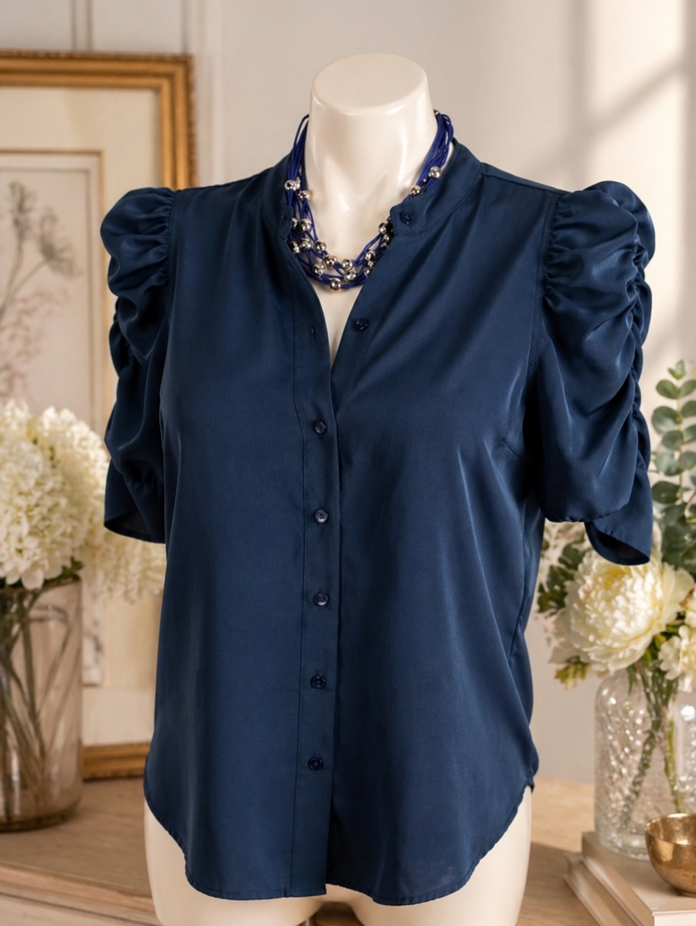 Abercrombie & Fitch Puff Sleeve Blouse Sz S Blue Minimalist Office Chic